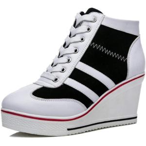 Mei MACLEOD Women Wedge Sneakers Platform Wedge High Heel Sneakers Ankle Booties Casual Canvas Shoes(Black&white)