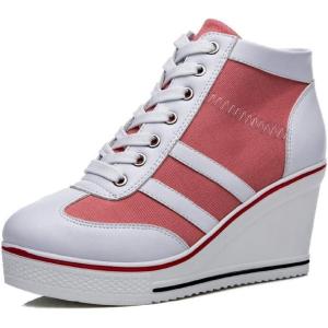 Mei MACLEOD Women Wedge Sneakers Platform Wedge High Heel Sneakers Ankle Booties Casual Canvas Shoes(Pink)