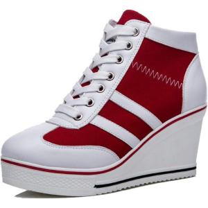Mei MACLEOD Women Wedge Sneakers Platform Wedge High Heel Sneakers Ankle Booties Casual Canvas Shoes(Red)