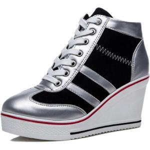 Mei MACLEOD Women Wedge Sneakers Platform Wedge High Heel Sneakers Ankle Booties Casual Canvas Shoes(Silver)