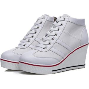 Mei MACLEOD Women Wedge Sneakers Platform Wedge High Heel Sneakers Ankle Booties Casual Canvas Shoes(White)