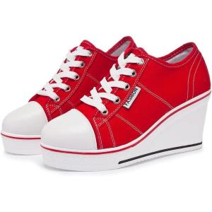 Mei MACLEOD Womens Canvas Shoes High Heel Wedge Sneaker Casual Lace Up Shoes for College Girls Senior High School Students(Red)