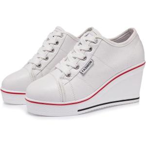 Mei MACLEOD Womens Canvas Shoes High Heel Wedge Sneaker Casual Lace Up Shoes for College Girls Senior High School Students(White)