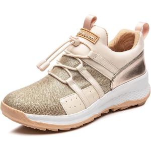 Mei MACLEOD Womens Lace Up Heeled Sneakers, Fashion Platform Wedge Sneakers Casual Canvas Shoes for Girls(B-gold)