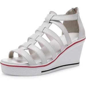 Mei MACLEOD Womens Lace Up Heeled Sneakers, Fashion Platform Wedge Sneakers Casual Canvas Shoes for Girls(C-white)