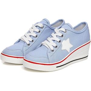 Mei MACLEOD Womens Lace Up Heeled Sneakers, Fashion Platform Wedge Sneakers Casual Canvas Shoes for Girls(Light Blue)