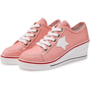 Mei MACLEOD Womens Lace Up Heeled Sneakers, Fashion Platform Wedge Sneakers Casual Canvas Shoes for Girls(Pink)