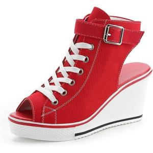 Mei MACLEOD Women’s Platform Wedge Sneaker Fashion High Heel Shoes Summer Peep Toe Wedge Sandals(Red)