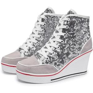 Mei MACLEOD Womens Wedge Sneakers High Top Booties Lace Up Platform Sneakers Fashion Sequins Shoes(Silver)