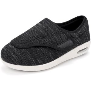 Men’s Diabetic Shoes, Lightweight Wide Width Walking Sneakers with Adjustable Closures for Diabetic Edema Plantar Fasciitis Bunions Arthritis Swollen Feet(Black Blended Yarn)