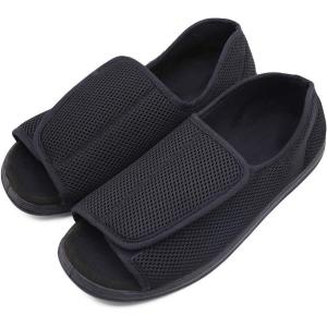 Men’s Open Toe Diabetic Recovery Slippers, Adjustable Orthopedic Wide Width Walking Shoes for Arthritis Edema Swollen Feet Elderly Men(Black)