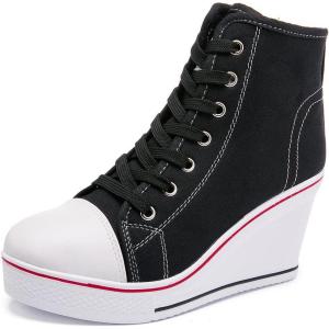 Womens Lace Up Heel Sneakers, Platform Wedge Sneakers Ankle Booties with Zipper Casual Canvas Fashion Sneaker for Girls(Black)