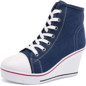 Womens Lace Up Heel Sneakers, Platform Wedge Sneakers Ankle Booties with Zipper Casual Canvas Fashion Sneaker for Girls(Blue)