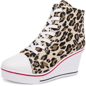 Womens Lace Up Heel Sneakers, Platform Wedge Sneakers Ankle Booties with Zipper Casual Canvas Fashion Sneaker for Girls(Leopard)