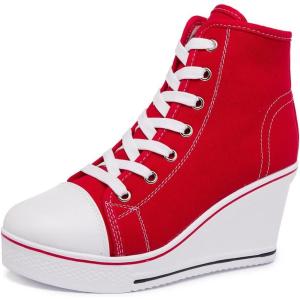 Womens Lace Up Heel Sneakers, Platform Wedge Sneakers Ankle Booties with Zipper Casual Canvas Fashion Sneaker for Girls(Red)
