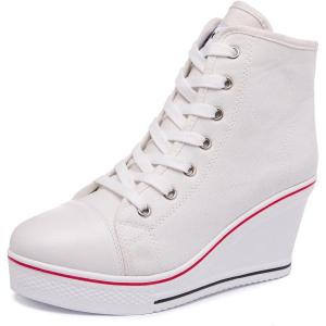 Womens Lace Up Heel Sneakers, Platform Wedge Sneakers Ankle Booties with Zipper Casual Canvas Fashion Sneaker for Girls(White)
