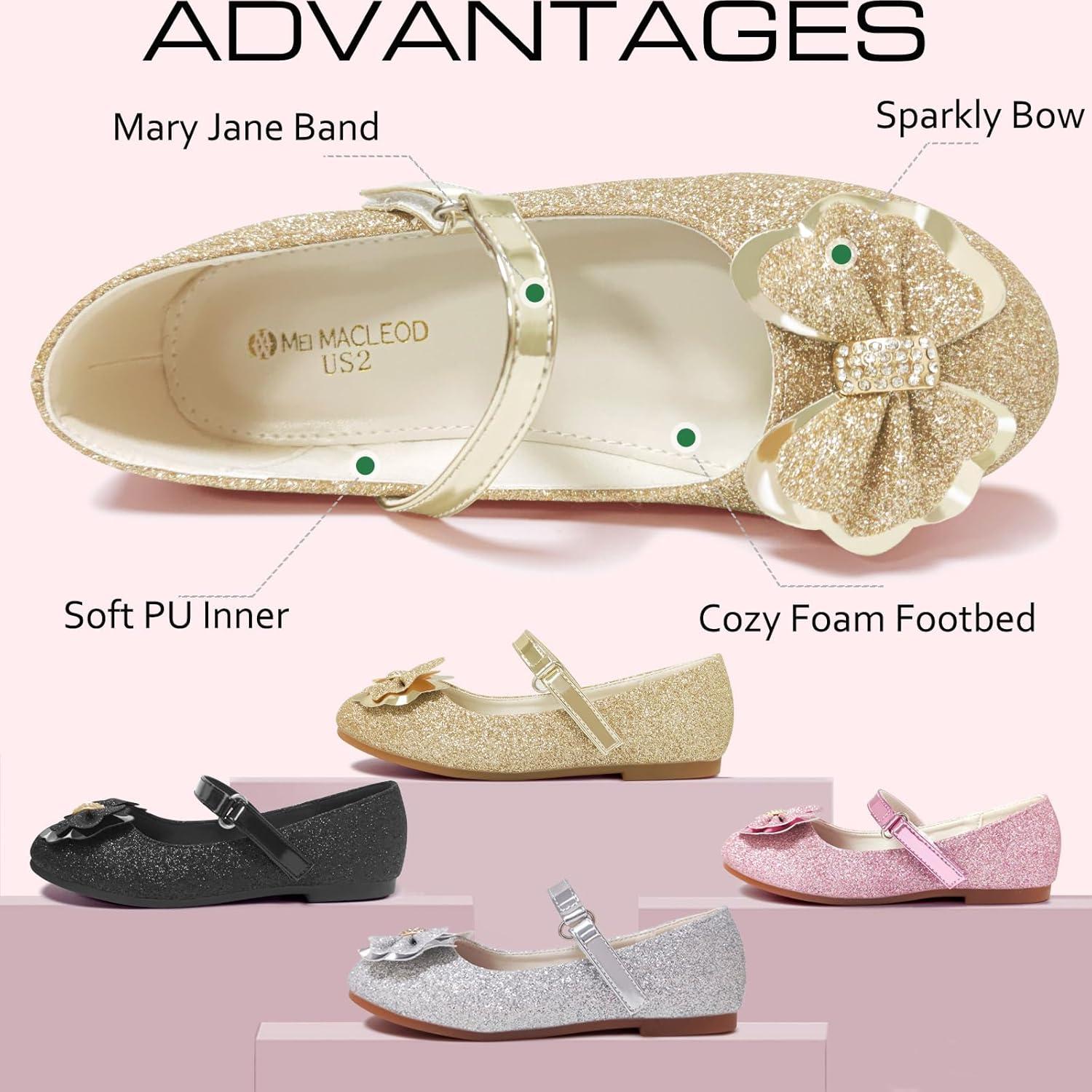 imageMei MACLEOD Girls Mary Jane Shoes Ballerina Shoes Princess Dress Shoes for Party WeddingBowknotgold