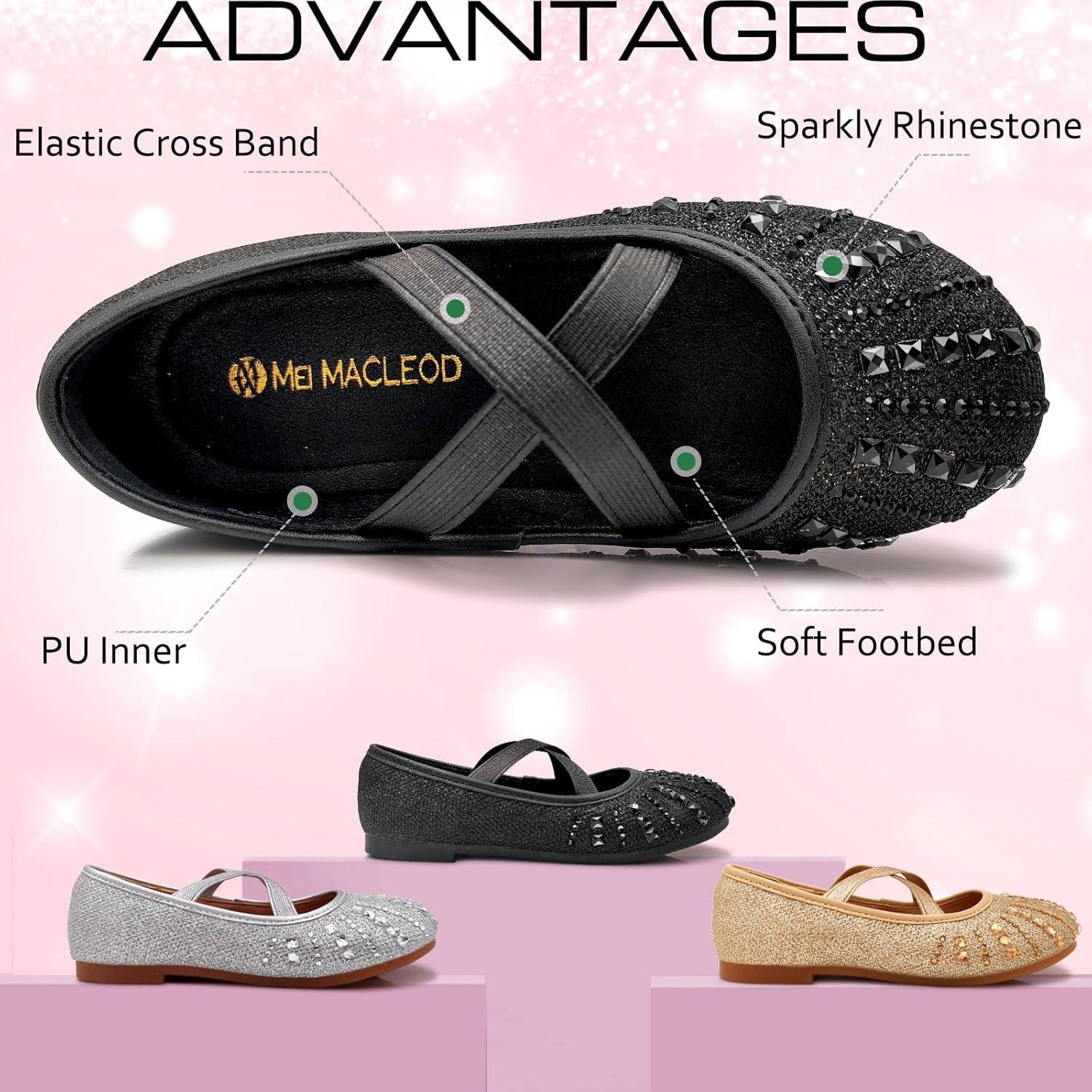 imageMei MACLEOD Girls Mary Jane Shoes Ballerina Shoes Princess Dress Shoes for Party WeddingRhinestoneblack