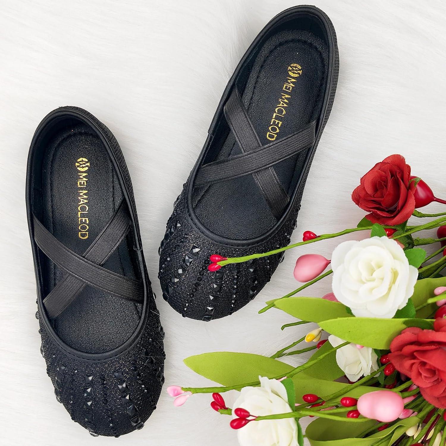 imageMei MACLEOD Girls Mary Jane Shoes Ballerina Shoes Princess Dress Shoes for Party WeddingRhinestoneblack