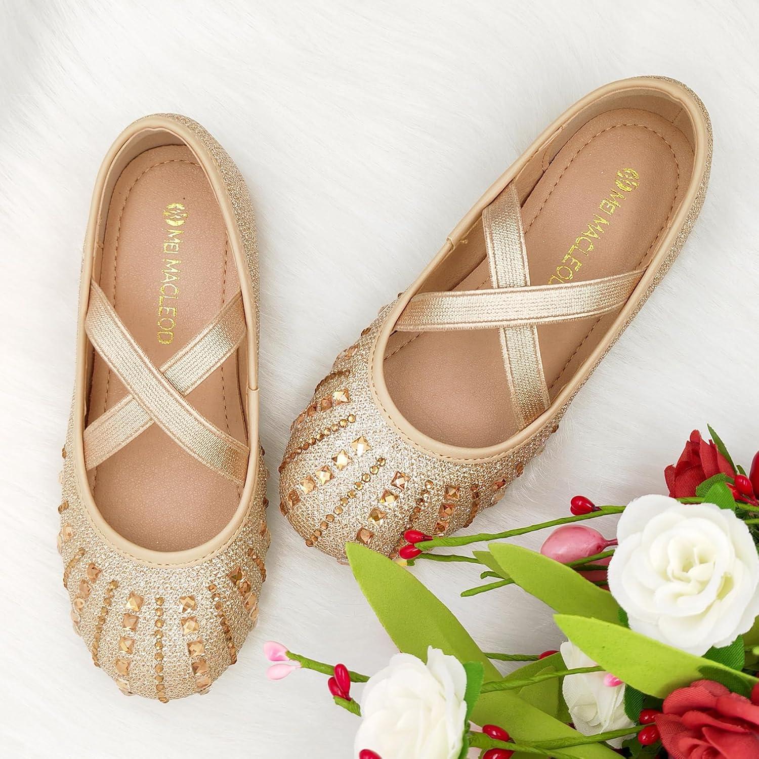 imageMei MACLEOD Girls Mary Jane Shoes Ballerina Shoes Princess Dress Shoes for Party WeddingRhinestonegold