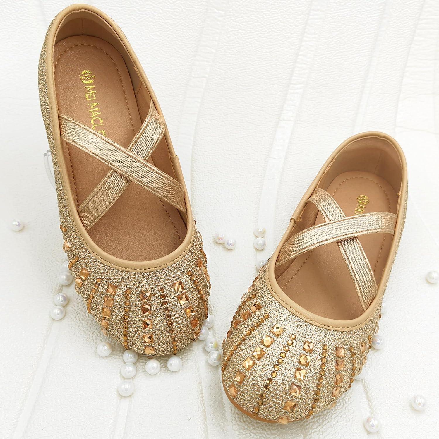 imageMei MACLEOD Girls Mary Jane Shoes Ballerina Shoes Princess Dress Shoes for Party WeddingRhinestonegold