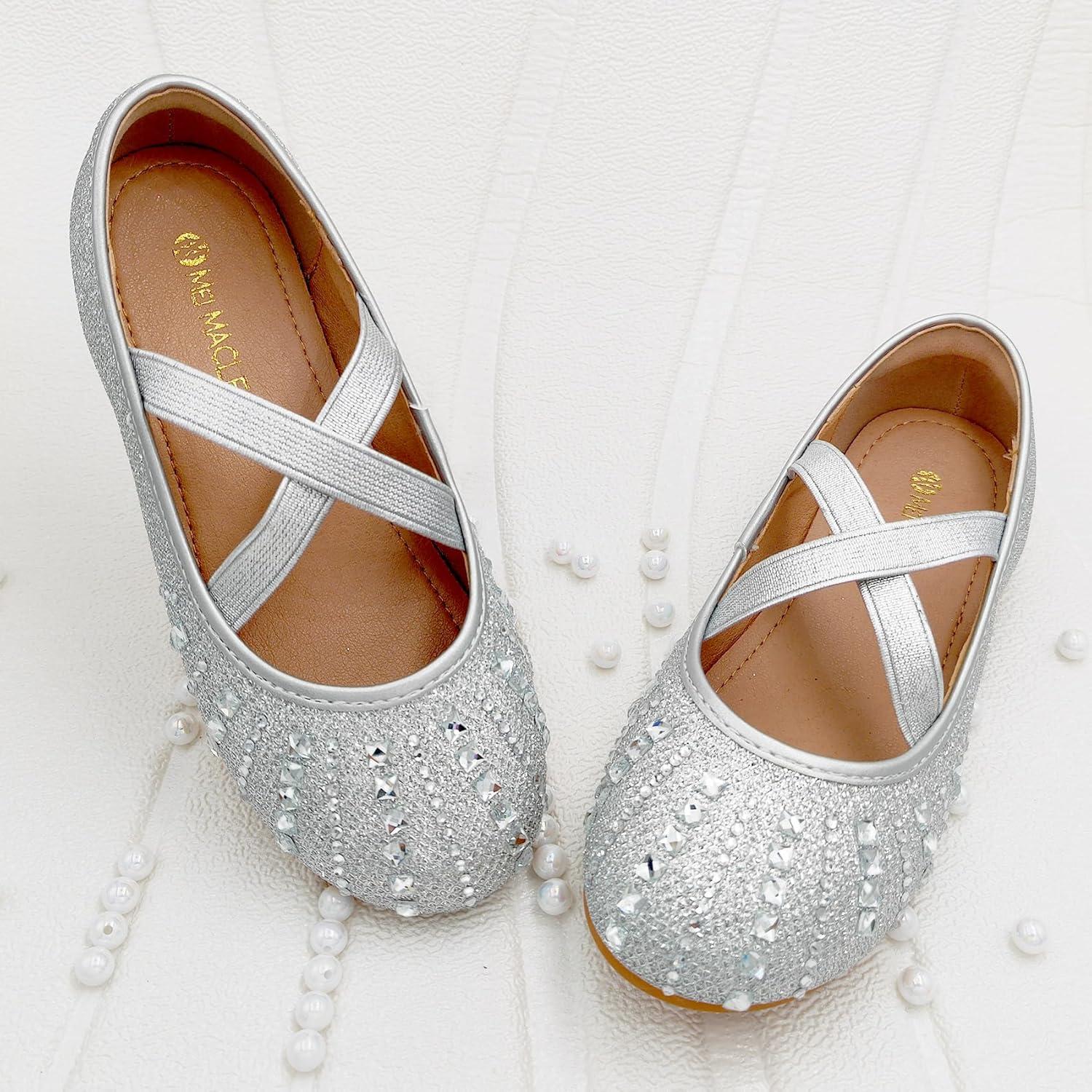 imageMei MACLEOD Girls Mary Jane Shoes Ballerina Shoes Princess Dress Shoes for Party WeddingRhinestonesilver