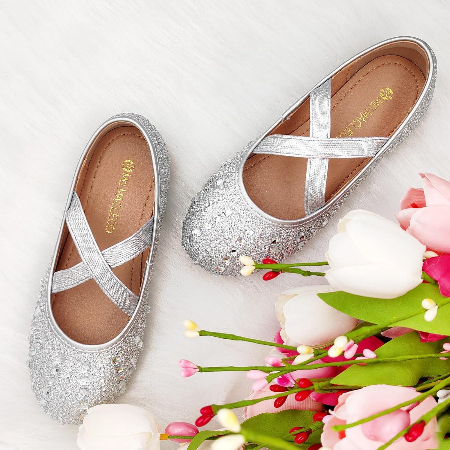 imageMei MACLEOD Girls Mary Jane Shoes Ballerina Shoes Princess Dress Shoes for Party WeddingRhinestonesilver