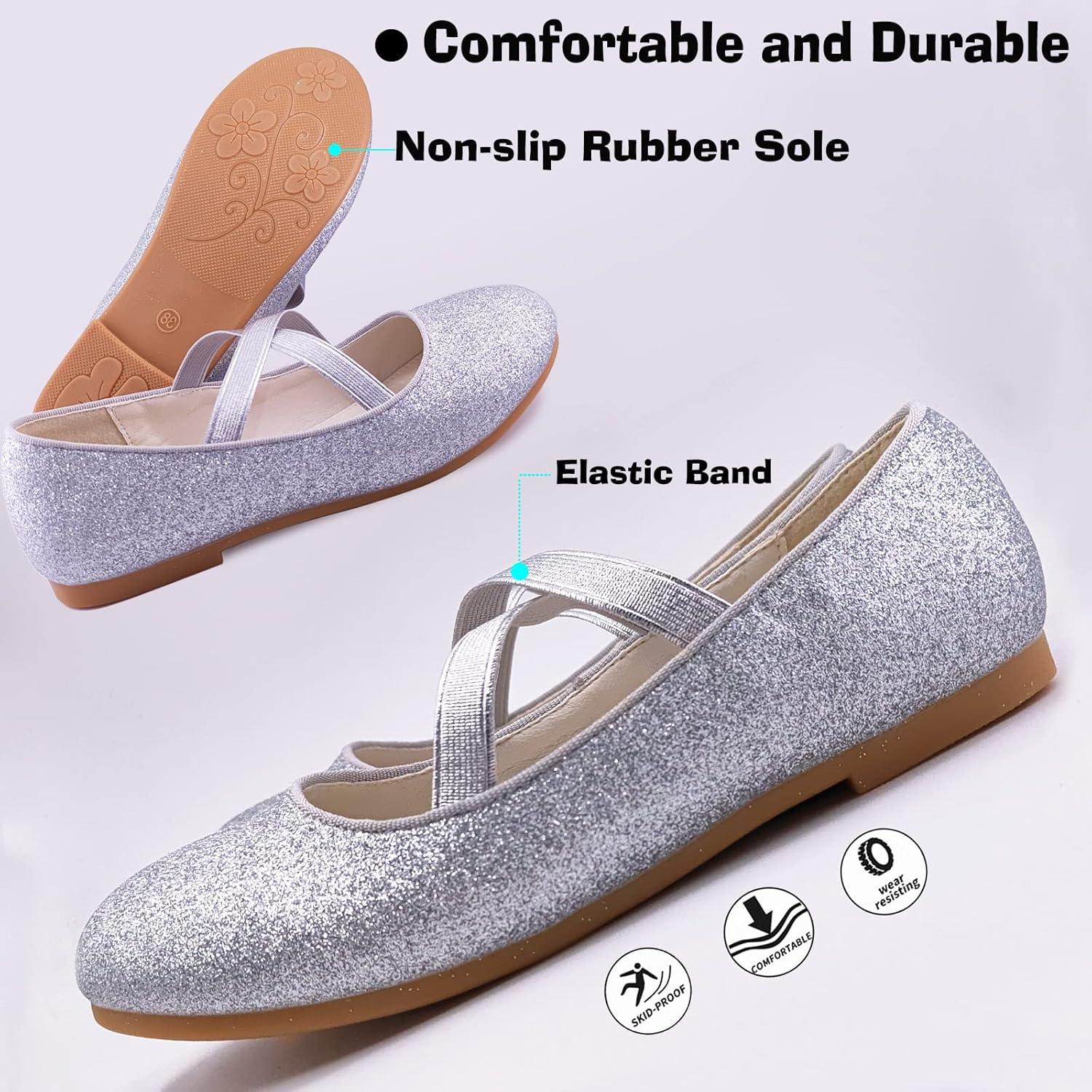 imageMei MACLEOD Girls Mary Jane Shoes Ballerina Shoes Princess Dress Shoes for Party WeddingSilver