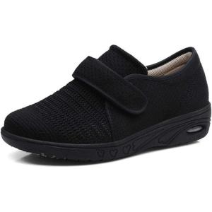 Mei MACLEOD Women’s Diabetic Shoes Extra Wide Edema Shoes Adjustable Strap Lightweight Walking Sneakers for Elderly Swollen Feet, Heel Pain Relief, Plantar Fasciitis(Black Women)