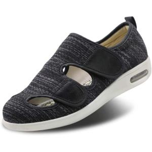 Women’s Diabetic Sandals, Adjustable Closure Comfy Slippers, Extra Wide Walking Shoes for Diabetic Edema Plantar Fasciitis Bunions Arthritis Swollen Feet(Black Blended Yarn)