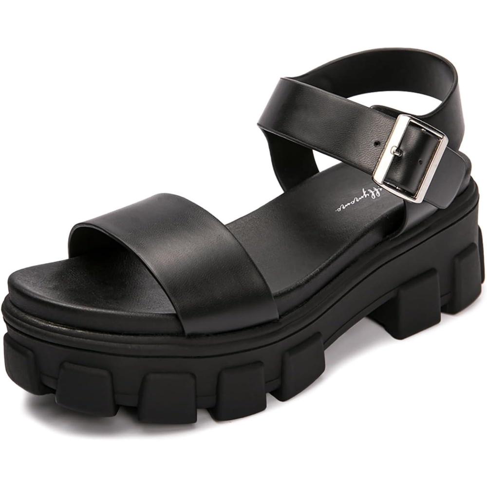 imageLuffymomo Womens Platform Wedge Sandals Lug Sole Sandals Adjustable Ankle Strap Chunky HeelsBlack