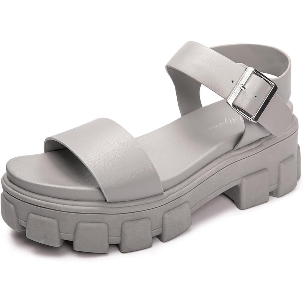 imageLuffymomo Womens Platform Wedge Sandals Lug Sole Sandals Adjustable Ankle Strap Chunky HeelsGrey