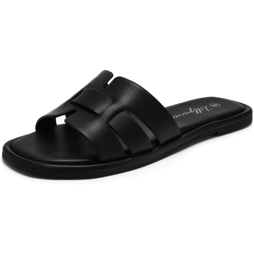 imageLuffymomo Womens Slip on Flat Sandals Comfortable Summer Casual Slides SandalsBlack