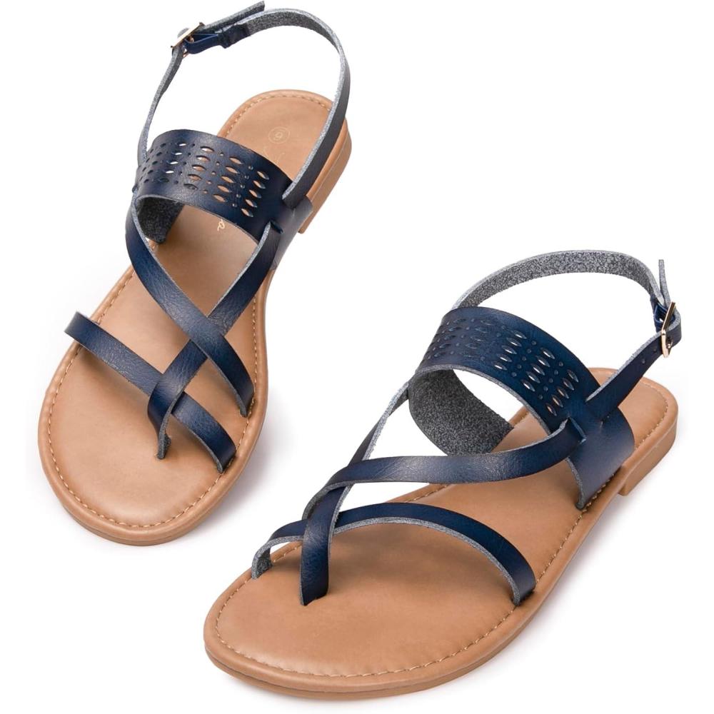 imageLuffymomo Womens Strappy Flat Sandals Leathe Gladiator Sandals Summer Casual Fisherman ThongNavy