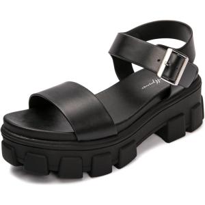 Luffymomo Women’s Platform Wedge Sandals Lug Sole Sandals Adjustable Ankle Strap Chunky Heels(Black)