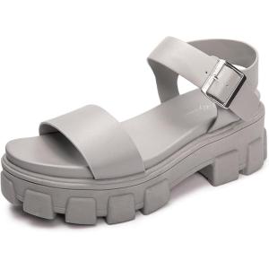 Luffymomo Women’s Platform Wedge Sandals Lug Sole Sandals Adjustable Ankle Strap Chunky Heels(Grey)