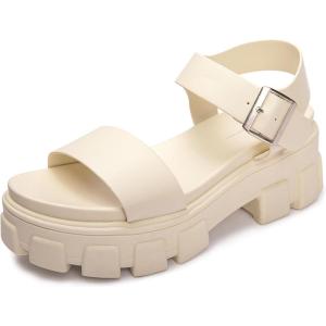 Luffymomo Women’s Platform Wedge Sandals Lug Sole Sandals Adjustable Ankle Strap Chunky Heels(White)
