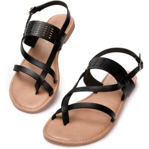 Luffymomo Womens Strappy Flat Sandals Leathe Gladiator Sandals Summer Casual Fisherman Thong(Black)