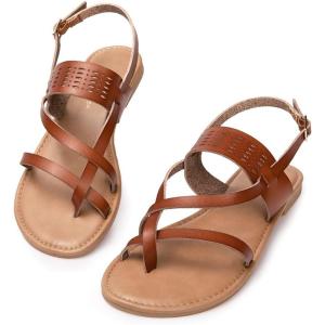 Luffymomo Womens Strappy Flat Sandals Leathe Gladiator Sandals Summer Casual Fisherman Thong(Brown)
