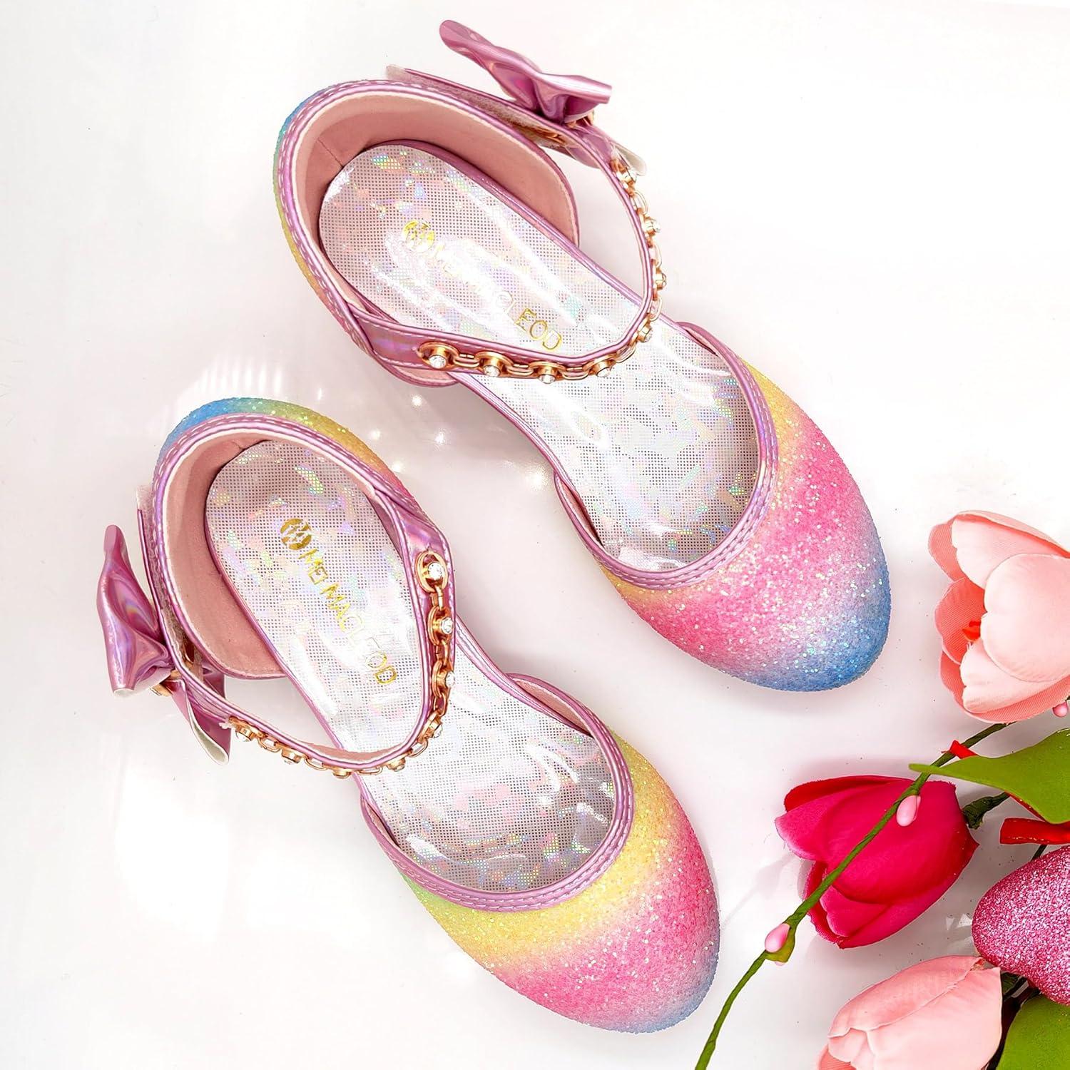 imageMei MACLEOD Girls Dress Shoes Low Heel Princess Heels Sparkly with Pearl Bowknot for Wedding PartyGlitter Rainbow Pink