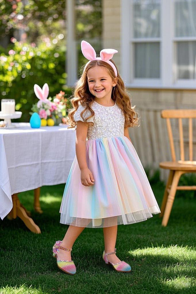 imageMei MACLEOD Girls Dress Shoes Low Heel Princess Heels Sparkly with Pearl Bowknot for Wedding PartyGlitter Rainbow Pink