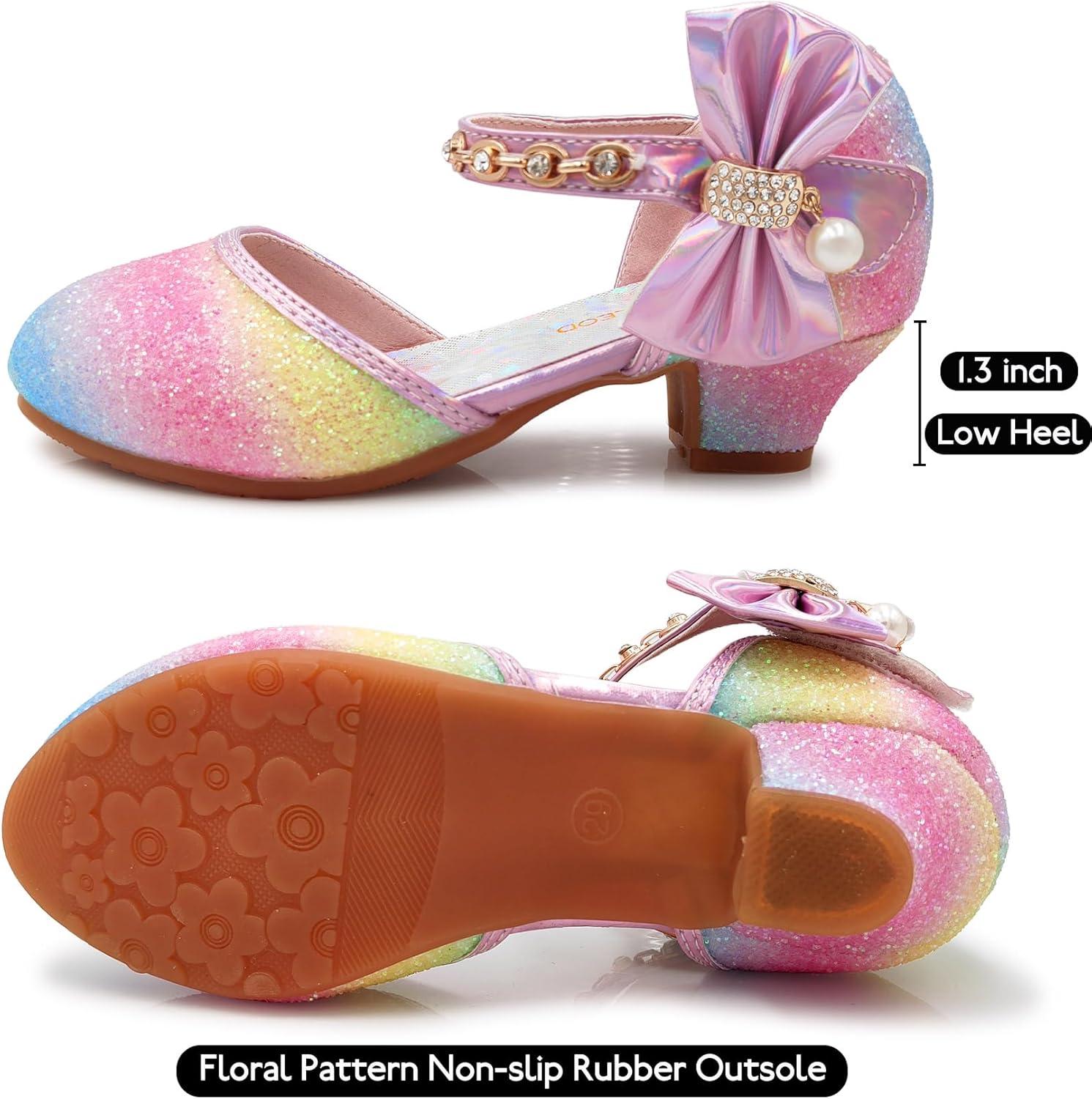 imageMei MACLEOD Girls Dress Shoes Low Heel Princess Heels Sparkly with Pearl Bowknot for Wedding PartyGlitter Rainbow Pink