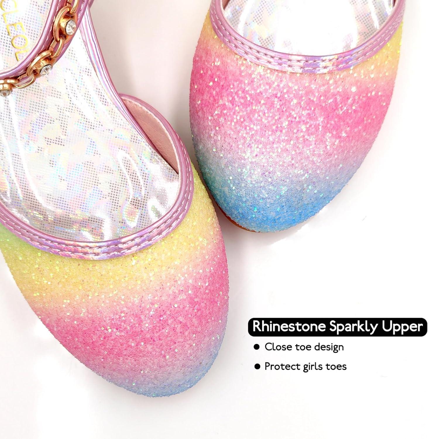 imageMei MACLEOD Girls Dress Shoes Low Heel Princess Heels Sparkly with Pearl Bowknot for Wedding PartyGlitter Rainbow Pink