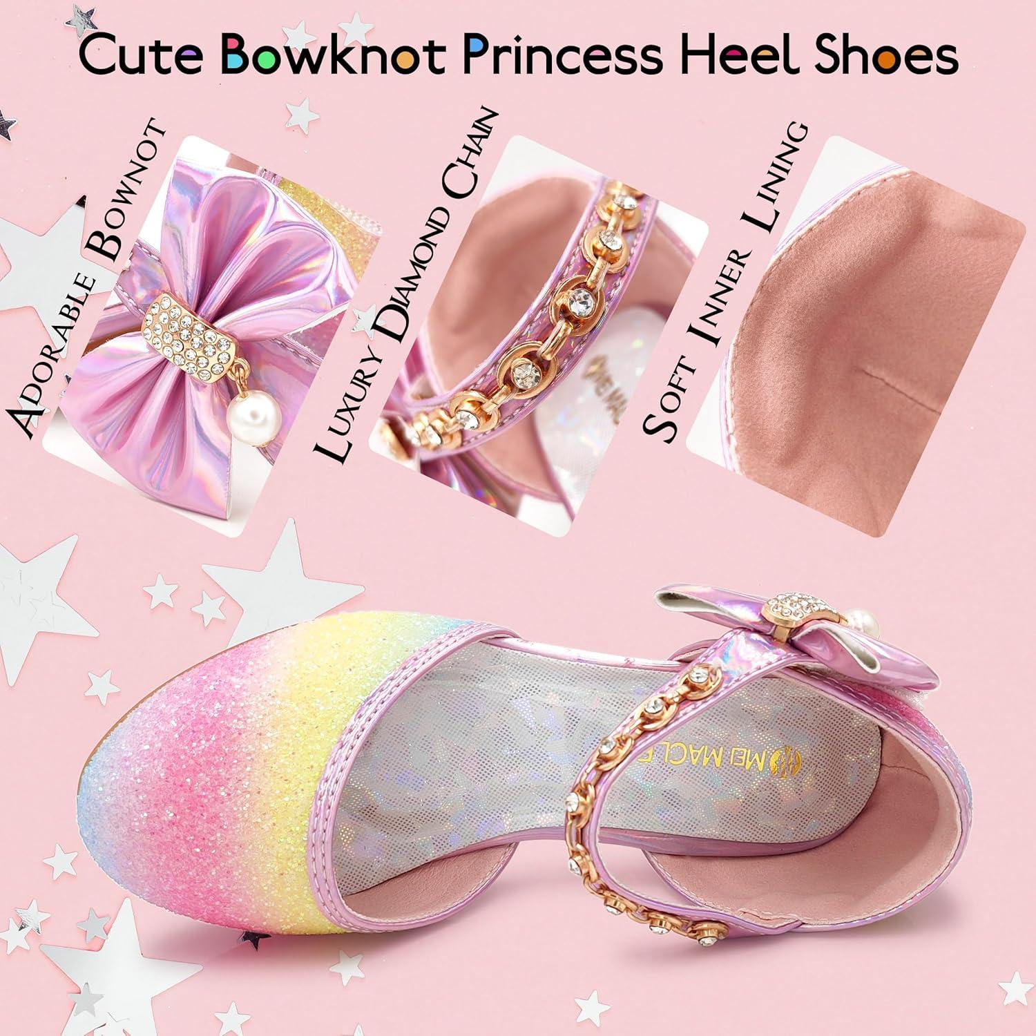 imageMei MACLEOD Girls Dress Shoes Low Heel Princess Heels Sparkly with Pearl Bowknot for Wedding PartyGlitter Rainbow Pink