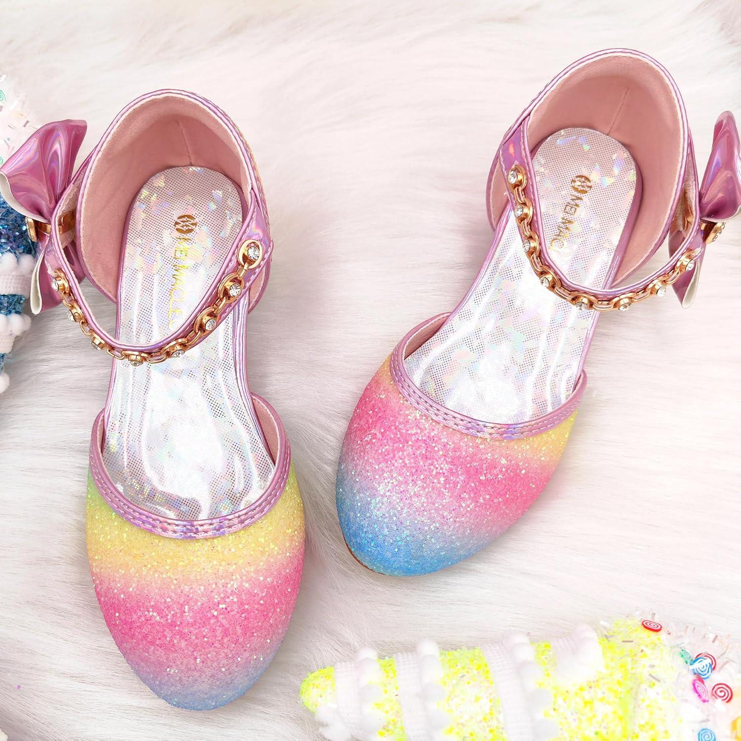 imageMei MACLEOD Girls Dress Shoes Low Heel Princess Heels Sparkly with Pearl Bowknot for Wedding PartyGlitter Rainbow Pink