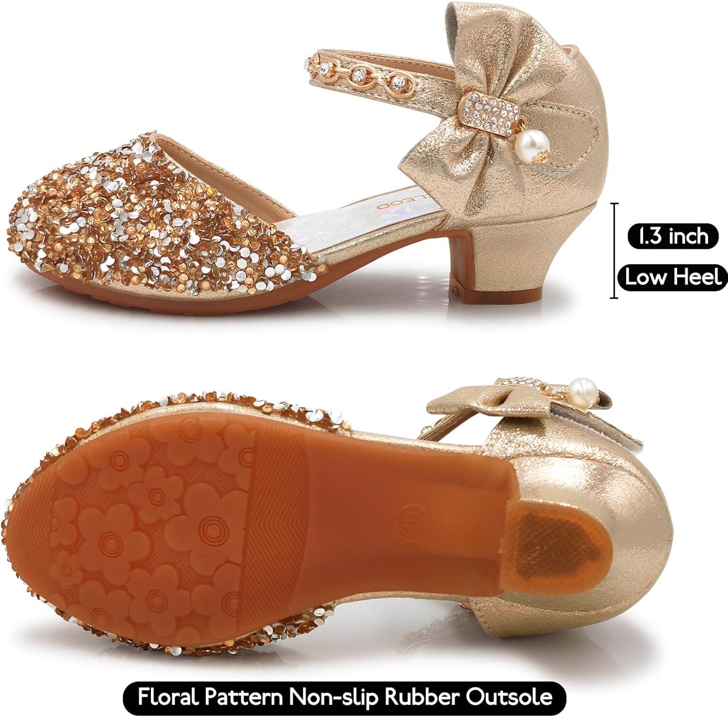 imageMei MACLEOD Girls Dress Shoes Low Heel Princess Heels Sparkly with Pearl Bowknot for Wedding PartySparkly Gold