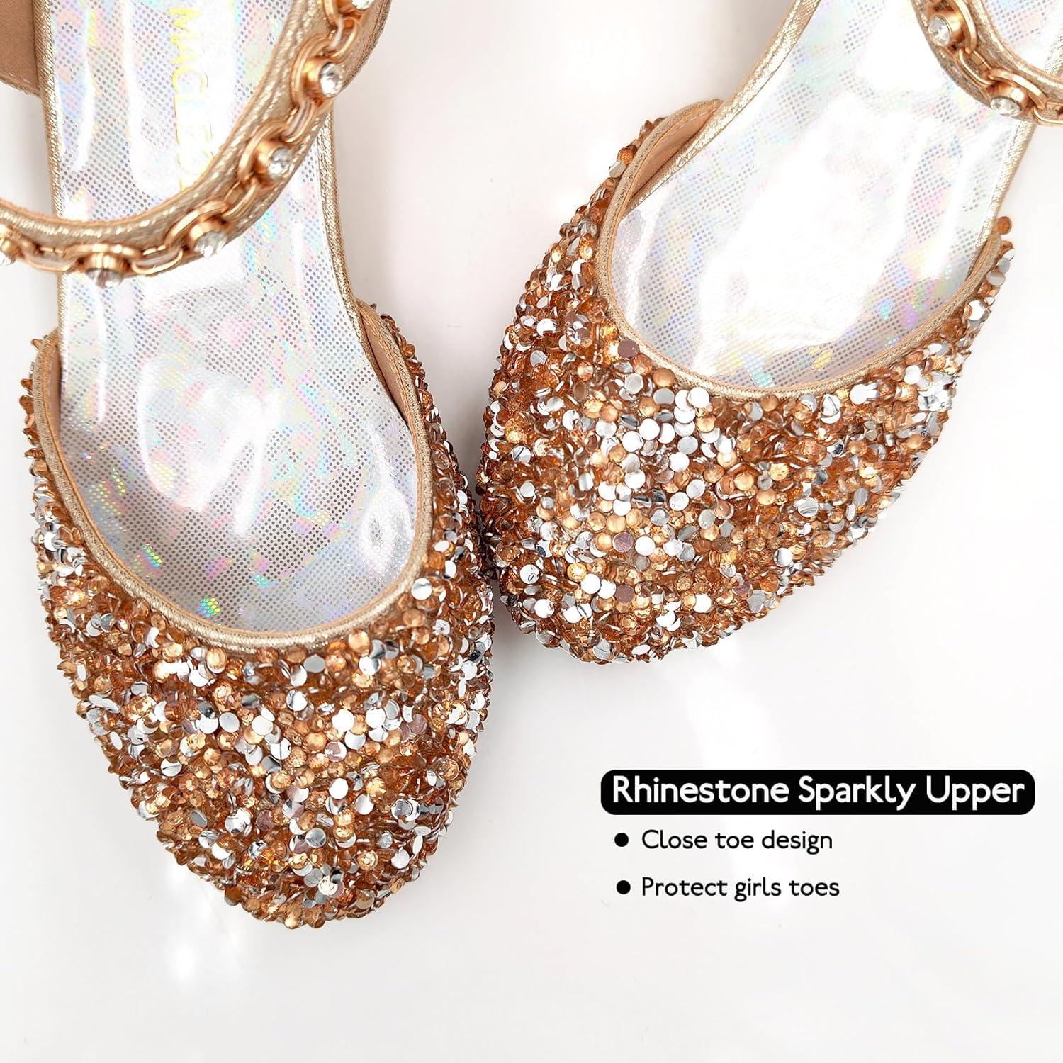 imageMei MACLEOD Girls Dress Shoes Low Heel Princess Heels Sparkly with Pearl Bowknot for Wedding PartySparkly Gold