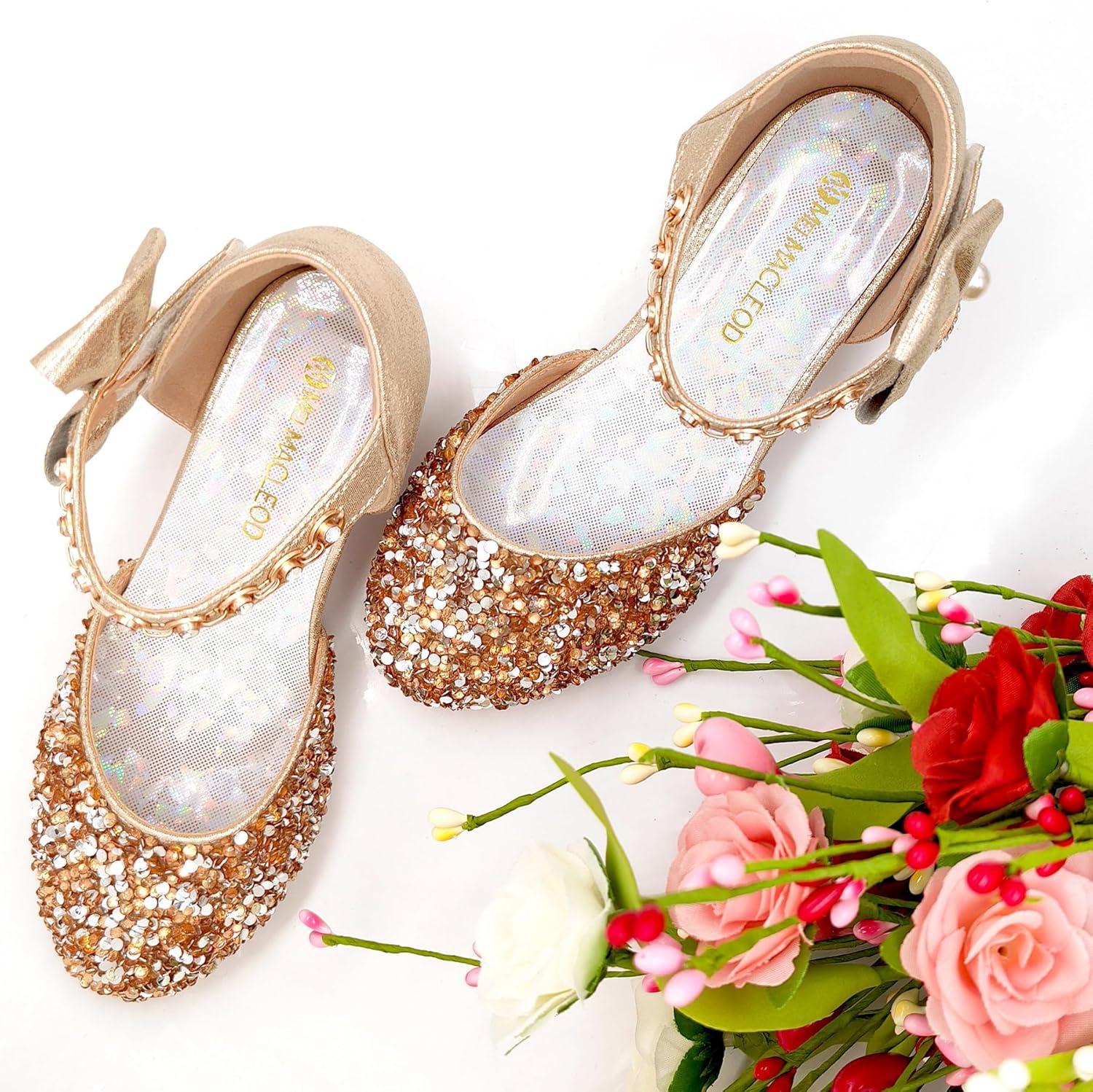 imageMei MACLEOD Girls Dress Shoes Low Heel Princess Heels Sparkly with Pearl Bowknot for Wedding PartySparkly Gold