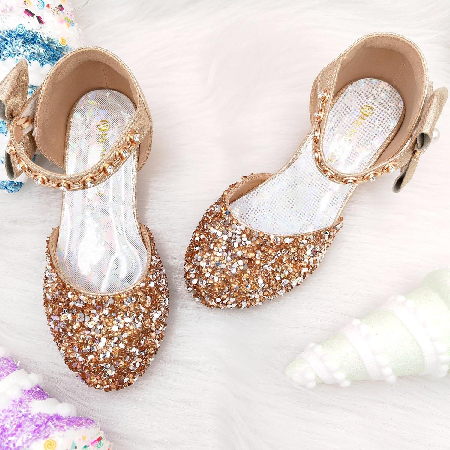 imageMei MACLEOD Girls Dress Shoes Low Heel Princess Heels Sparkly with Pearl Bowknot for Wedding PartySparkly Gold