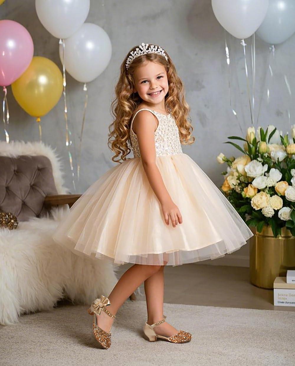 imageMei MACLEOD Girls Dress Shoes Low Heel Princess Heels Sparkly with Pearl Bowknot for Wedding PartySparkly Gold